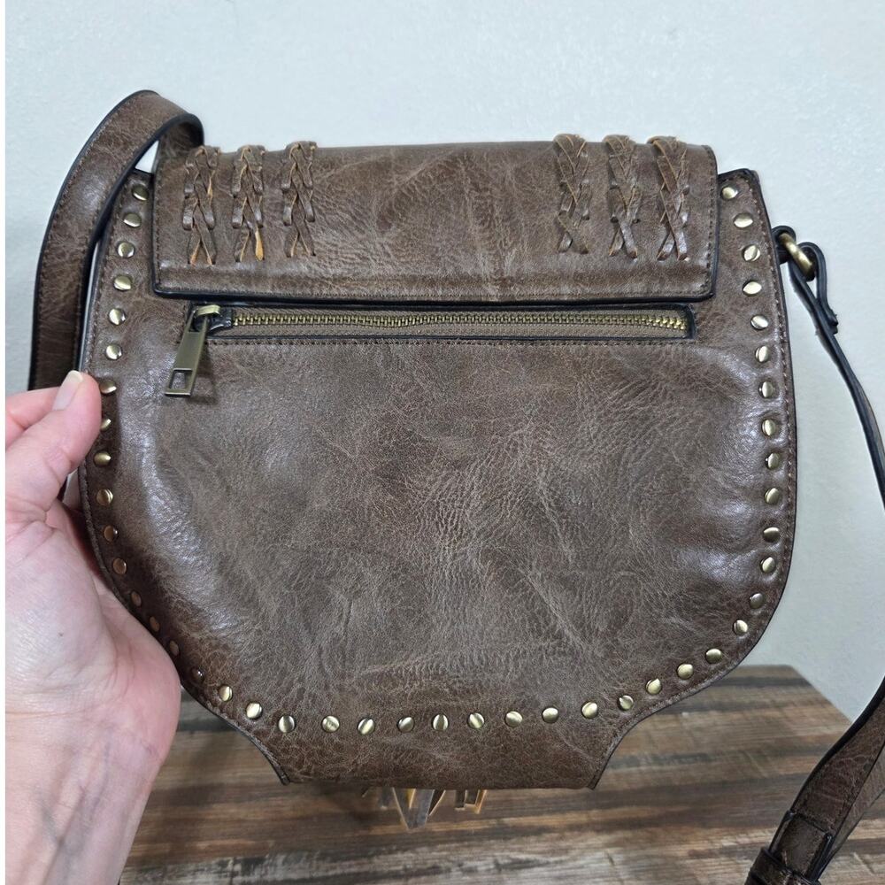 Antik Kraft Brown Faux Leather Gold Studded Crossbody Saddle Bag Western - Picture 4 of 13